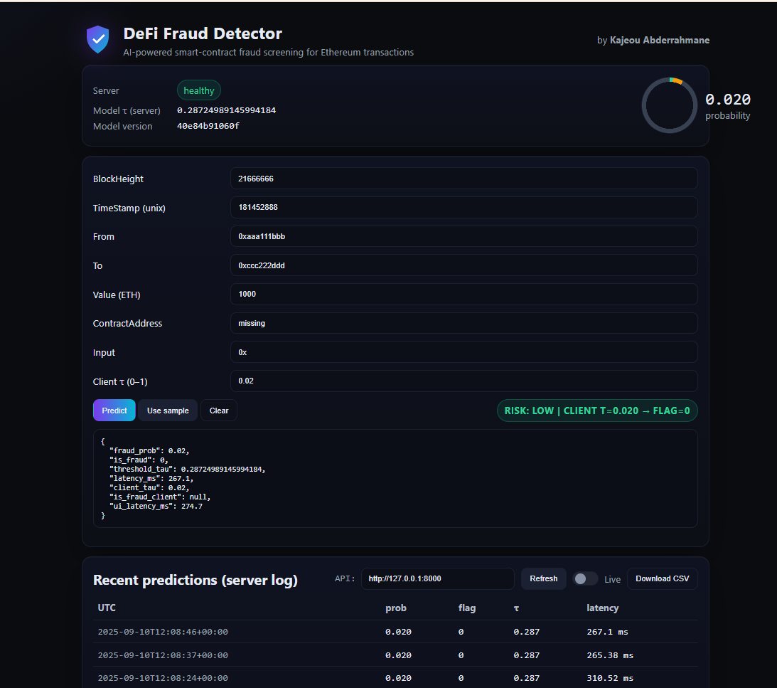 Screenshot of the DeFi Fraud Detector interface showing a transaction form, a risk probability dial, the JSON response and a log of recent predictions.